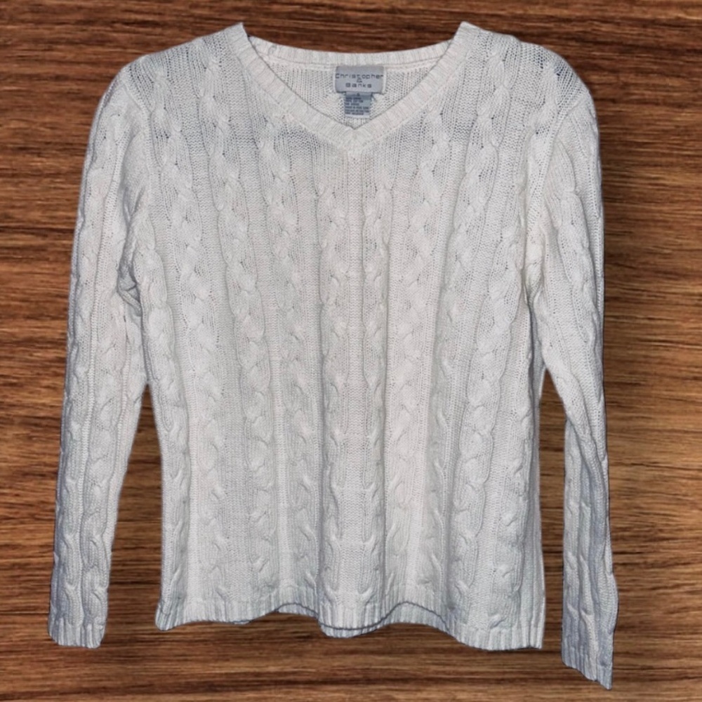 Vintage 80’s/90’s Women’s Cozy White Cable Knit V-Neck Pullover Sweater - Size S